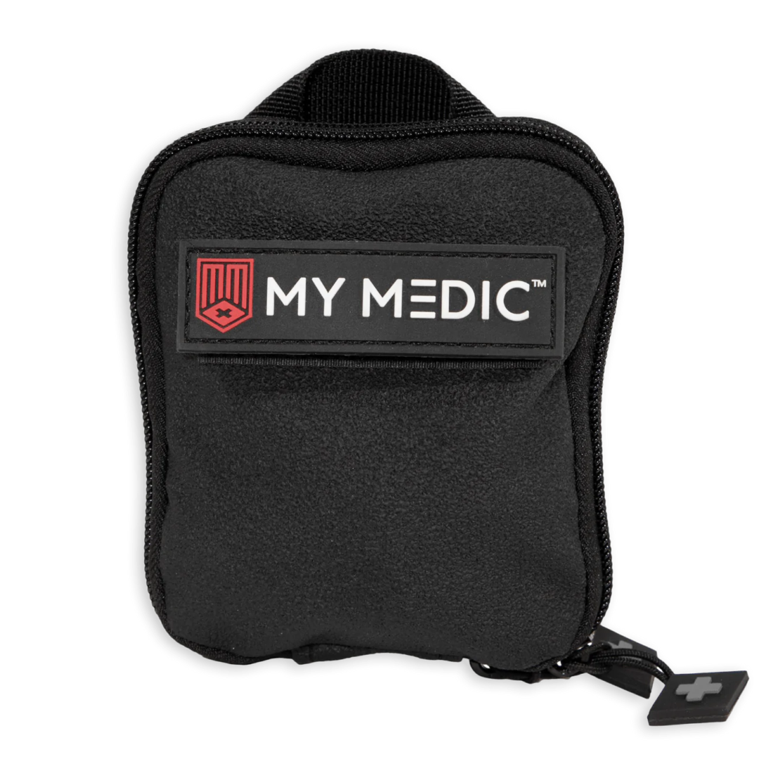 A black bag with the words " my medic " on it.